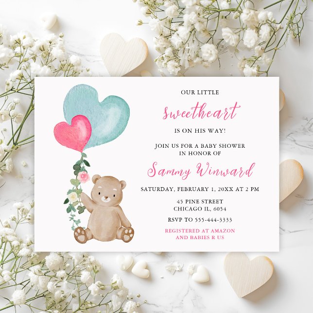 Valentine Bear Pink und Blue Heart Baby Dusche Einladung (Von Creator hochgeladen)