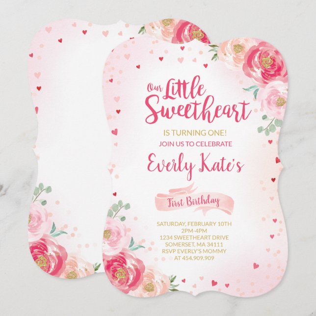 Valentine Birthday Einladung Sweetheart Pink Gold (Vorne/Hinten)