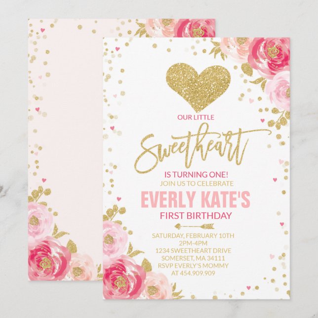 Valentine Birthday Invitation Sweetheart Pink Gold Einladung (Vorne/Hinten)