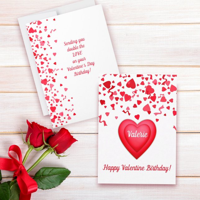 Valentine Birthday Modern Red Confetti Herz Mitteilungskarte (Valentine's Birthday Note Card with fun red confetti hearts design that you can personalize..)