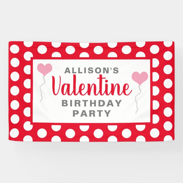 Valentine Birthday Party Red Dots Rosa Herzname Banner (Horizontal)
