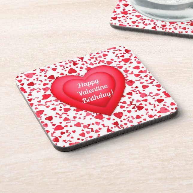 Valentine Birthday Red Confetti Hearts Getränkeuntersetzer (Linke Seite)