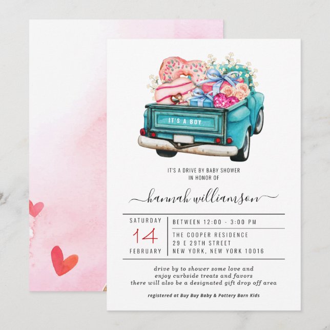 Valentine Blue Truck | Baby-Dusche Einladung (Vorne/Hinten)