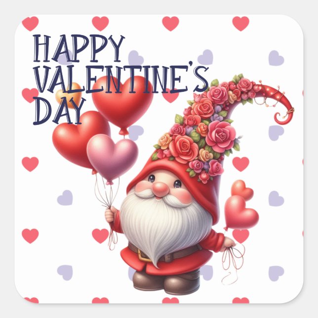 Valentine Blume Hat Gnome Heart Balloons Quadratischer Aufkleber (Vorderseite)