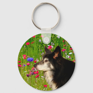 Valentine Border Collie mit wunderschönen Blume Schlüsselanhänger