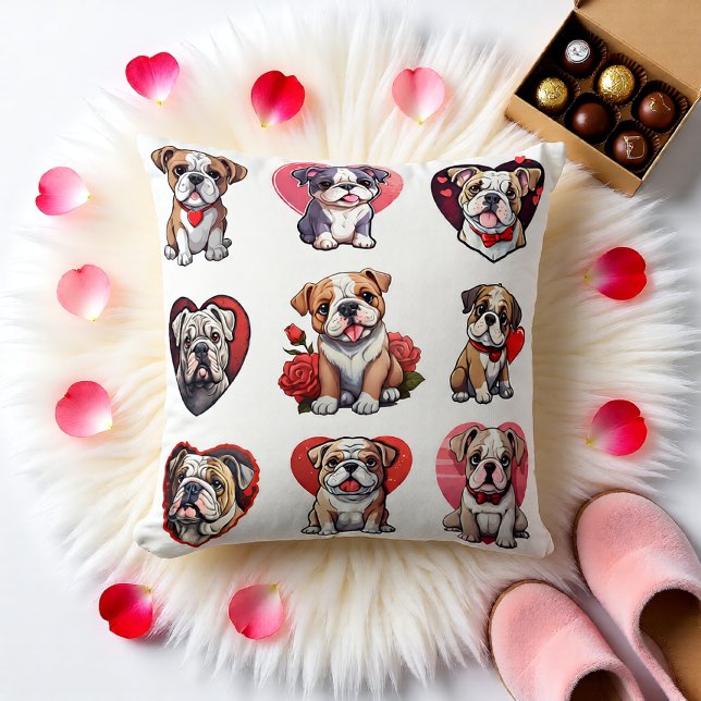 Valentine Bulldog Kissen (Bulldog Heart Collage Valentine Decorative Throw Pillow)