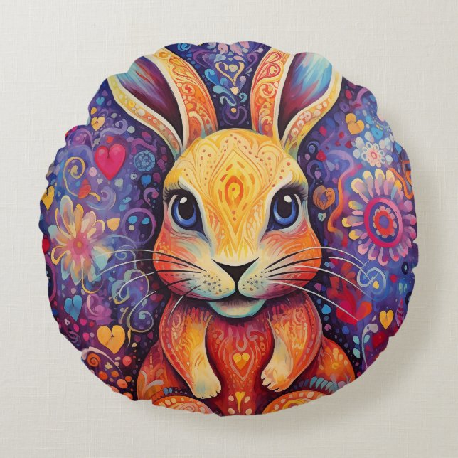 Valentine Bunny Blume lila Rundes Kissen (Vorderseite)