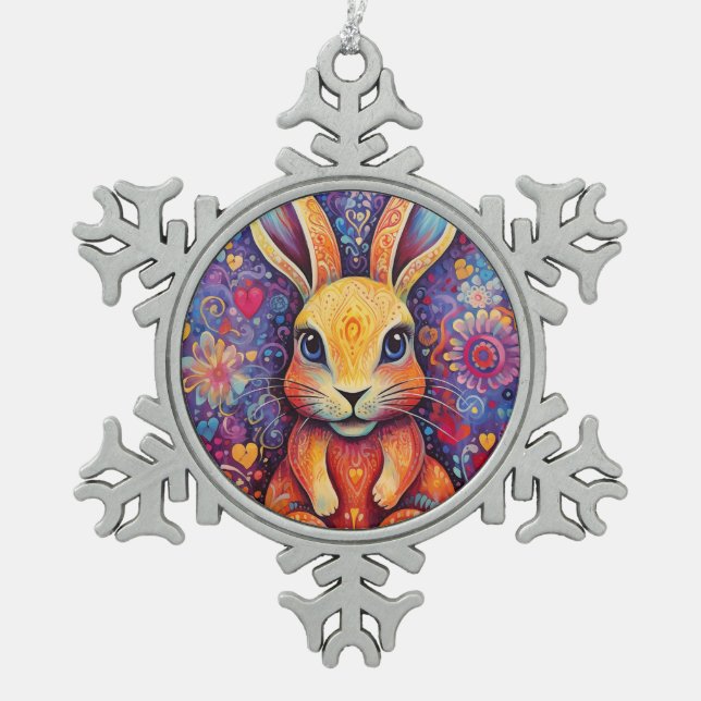Valentine Bunny Blume lila Schneeflocken Zinn-Ornament (Vorderseite)