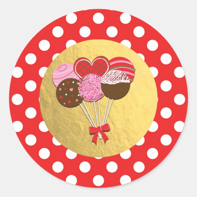 Valentine Cake Pops Cakepops Red Polka Dots favori Runder Aufkleber (Vorderseite)