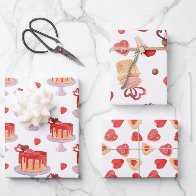 Valentine Cake & Red Heart Cookies Geschenkpapier Set (Vorderseite)