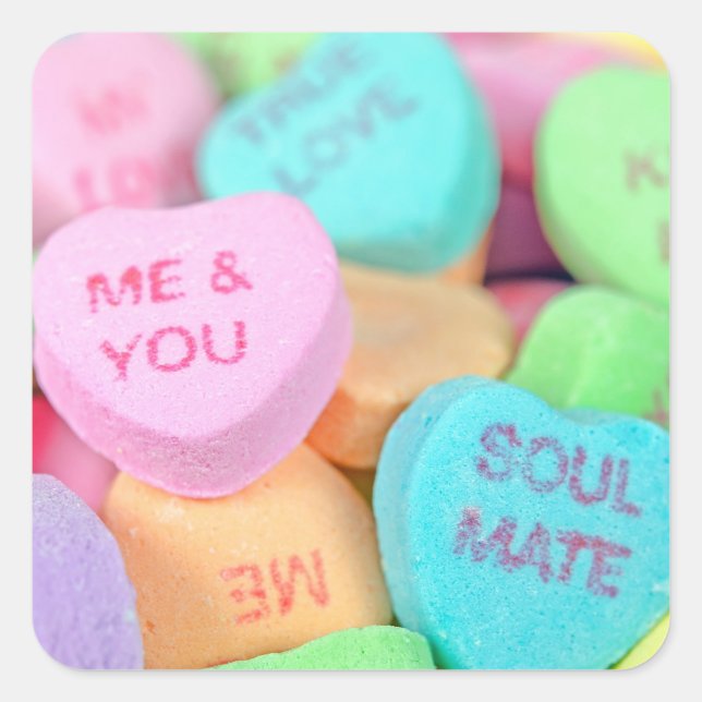 Valentine Candy Hearts Quadratischer Aufkleber (Vorderseite)