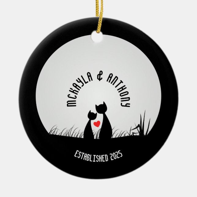 Valentine Cats Red Heart Moon Silhouette Couple Keramik Ornament (Vorne)