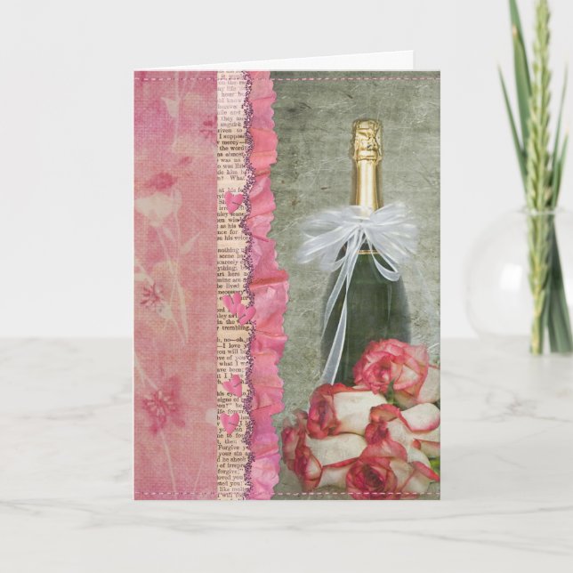 Valentine champagne bottle with roses feiertagskarte (Vorderseite)