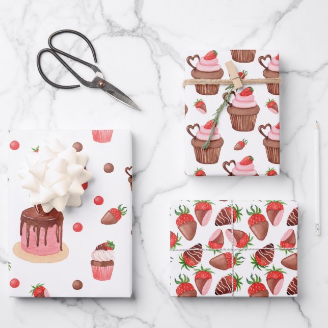 Valentine Chocolate & Strawberry Süßigkeiten Geschenkpapier Set (Vorderseite)