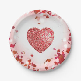 Valentine Confetti Red Glitzer Heart Paper Plate Pappteller