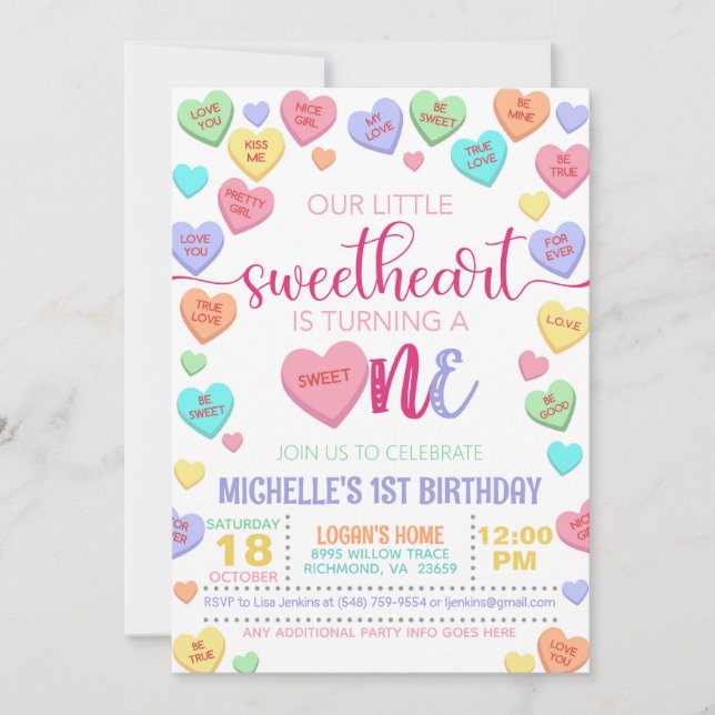 Valentine Conversation Hearts 1. Geburtstag Einladung (Vorderseite)