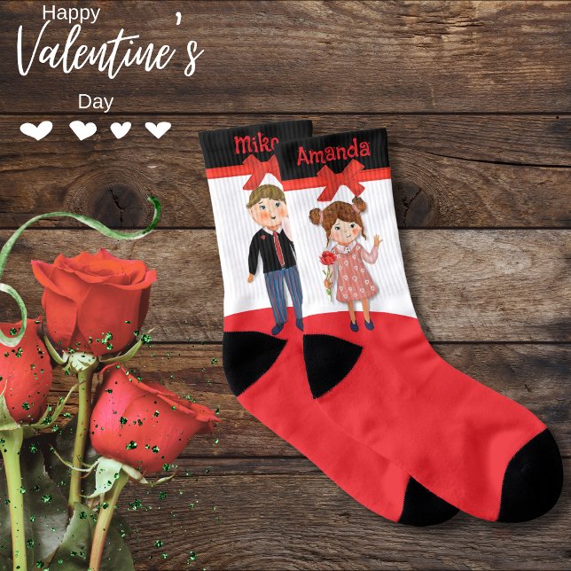 Valentine Couple Rouge Blanc Noir Rouge Bow (Valentine Couple Red White Black Red Bow Socks)