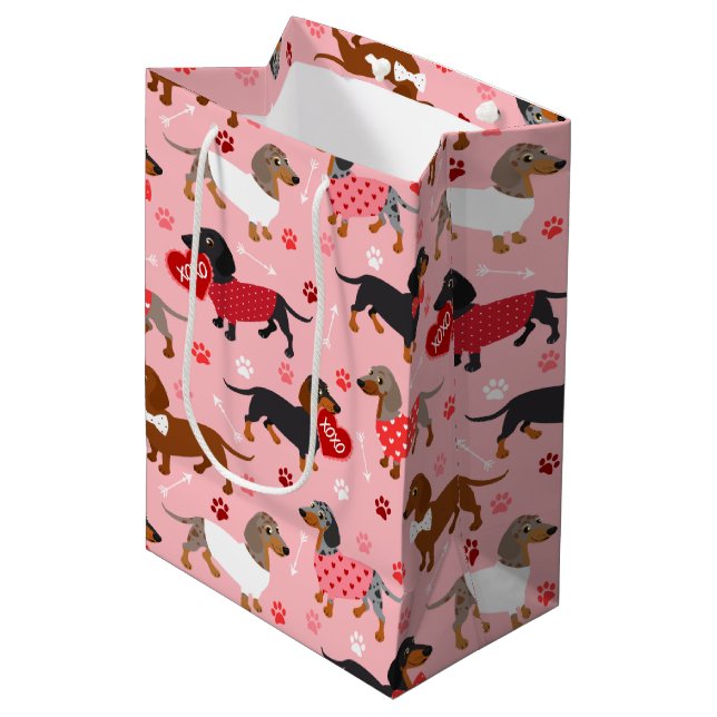 Valentine Dackel Mittlere Geschenktasche Mittlere Geschenktüte (Vorderseite Schrägansicht)