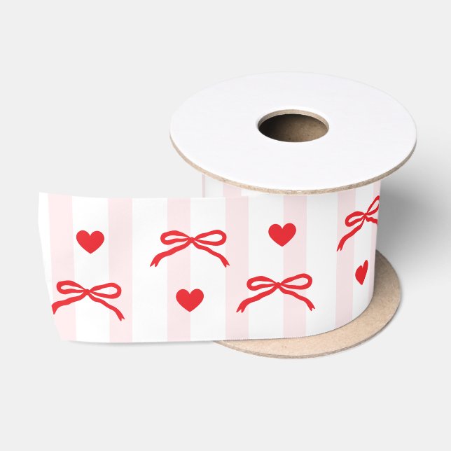 Valentine Day Hearts Red Bow Pink  Satinband (Spule)