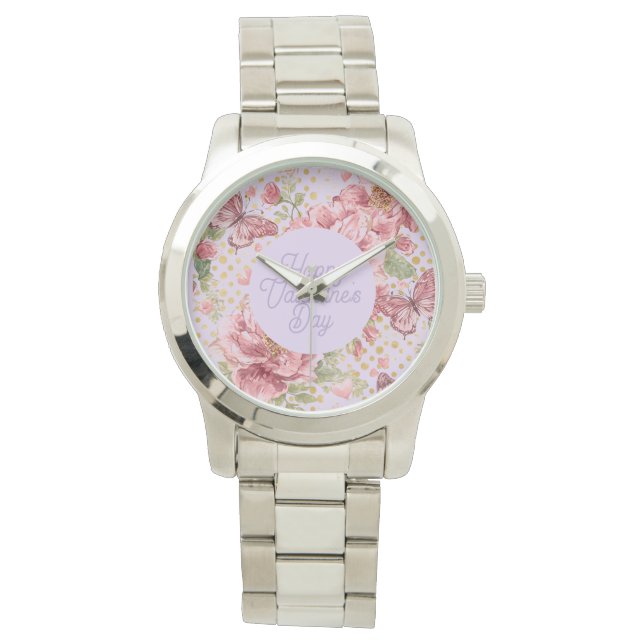 Valentine Days,Elegant,Purple Peach Flowers Patter Armbanduhr (Vorderseite)