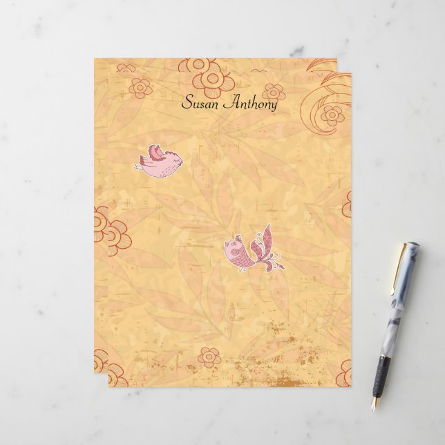 Valentine Distressed Cute Birds Papier fixe (Devant/Arrière en situation)