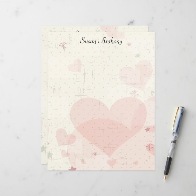 Valentine Distressed Rose Hearts Papier stationnai (Devant/Arrière en situation)