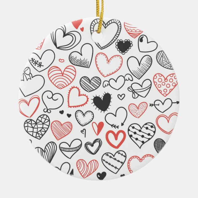 Valentine doodle hearts red and black hipster keramikornament (Vorne)