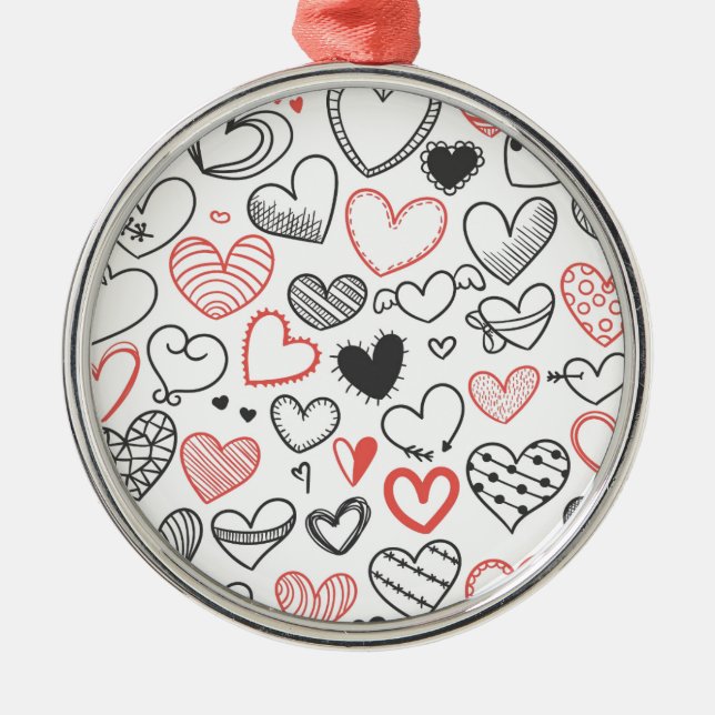 Valentine doodle herzen rot-schwarz Hipster Silbernes Ornament (Vorne)
