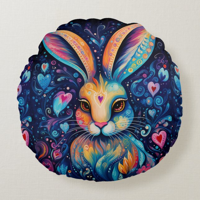 Valentine Dream Hearts: Regenbogen Doodle Bunny Rundes Kissen (Vorderseite)