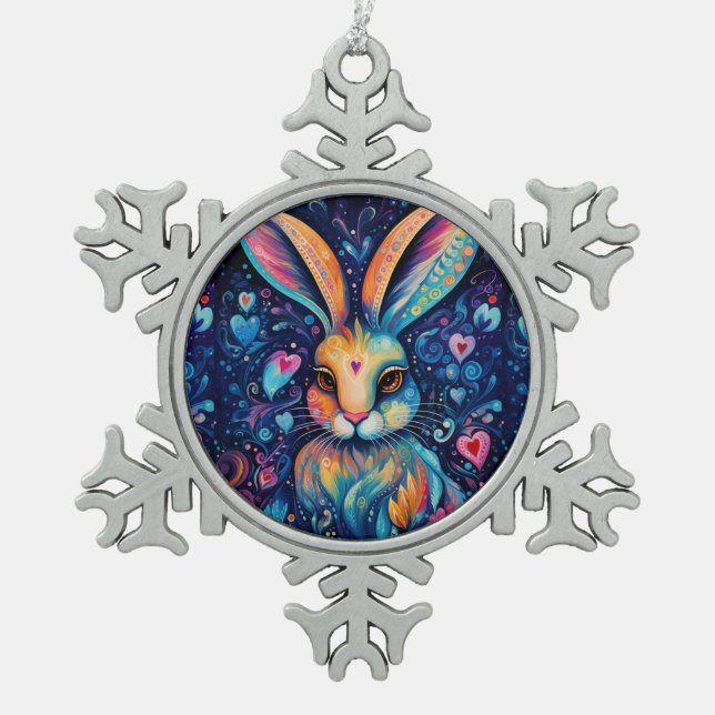 Valentine Dream Hearts: Regenbogen Doodle Bunny Schneeflocken Zinn-Ornament (Vorderseite)