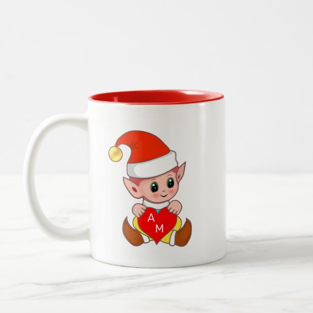 Valentine Elf mit Herz und Monogramm Zweifarbige Tasse (Links)