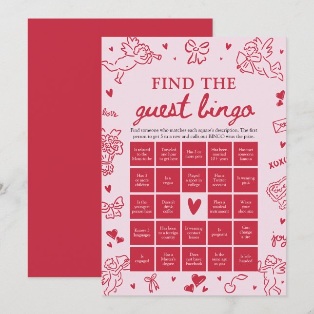Valentine Finde den Gast Bingo Baby Shower Spiel Einladung (Vorne/Hinten)