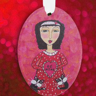 Valentine Folk Art Lady Heart Black Cats Love