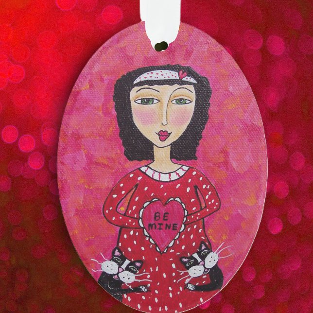 Valentine Folk Art Lady Heart Black Cats Love (Valentine Lady red dress two tuxedo cats red heart on pink red oval hanging ornament.)