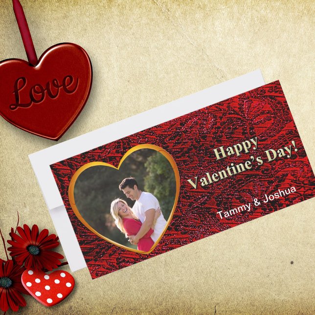 Valentine Foto Name Gold Herz Rote Abstrakte Karte (Von Creator hochgeladen)