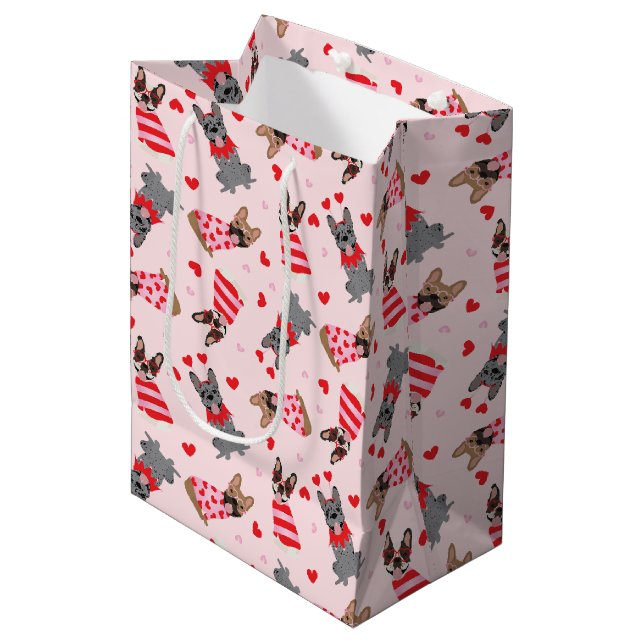 Valentine French Bulldogs Mittlere Geschenktüte (Vorderseite Schrägansicht)