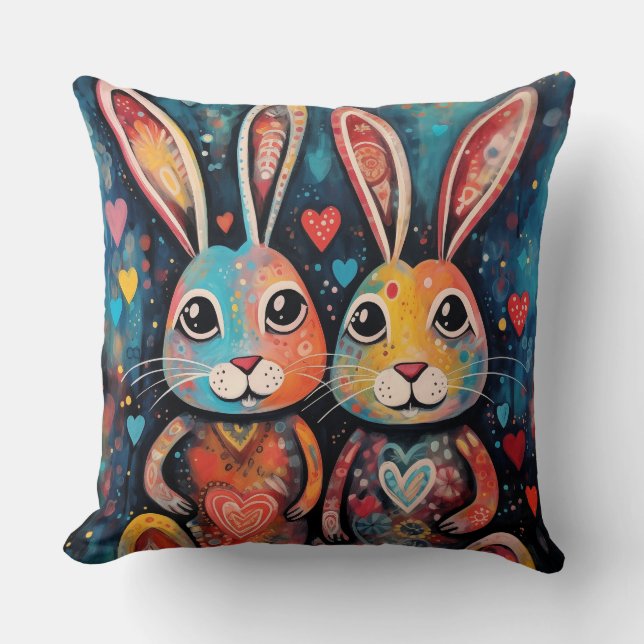 Valentine Friends Bunnies langes Herz Kissen (Vorderseite)