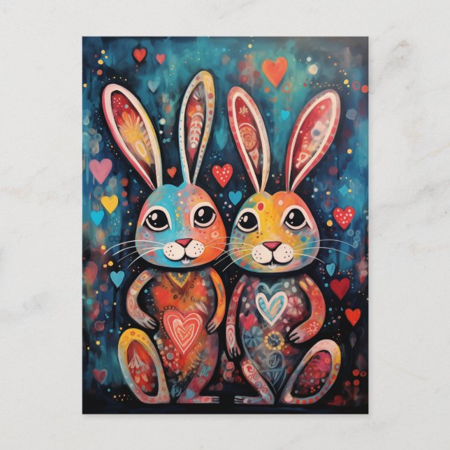 Valentine Friends Bunnies langes Herz Postkarte (Vorderseite)