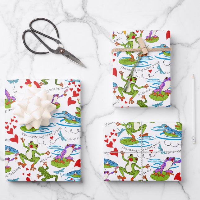 Valentine Frogs Wrapping Paper Sheet Geschenkpapier Set (Vorderseite)