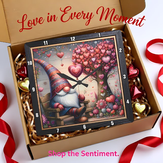 Valentine Garden Gnome Heart Tree Quadratische Wanduhr (Von Creator hochgeladen)