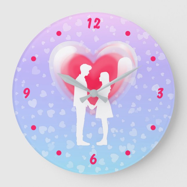 Valentine Glass Heart Balloon Bubblegum Couple Große Wanduhr (Vorderseite)