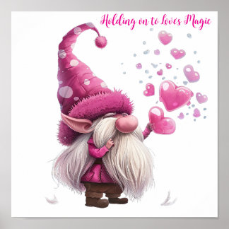 Valentine Gnome mit rosa Herzblasen Poster