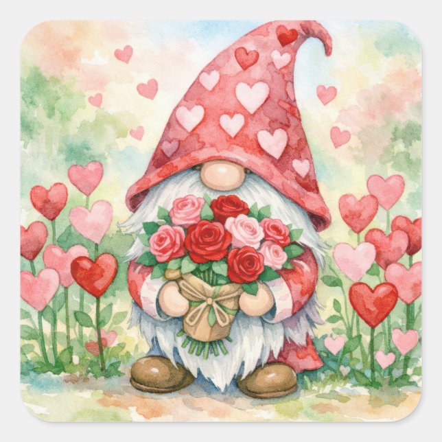 Valentine Gnome with Red Roses Quadratischer Aufkleber (Vorderseite)