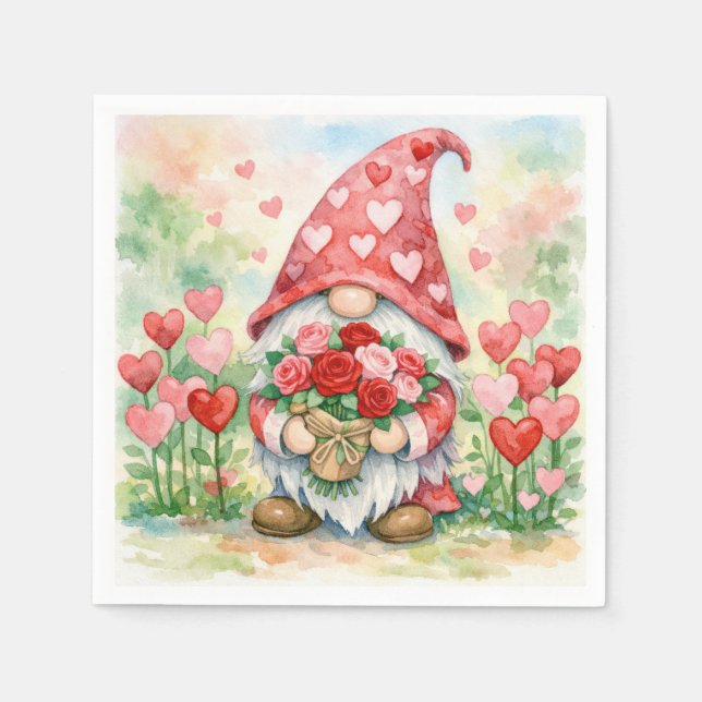 Valentine Gnome with Red Roses Serviette (Vorderseite)