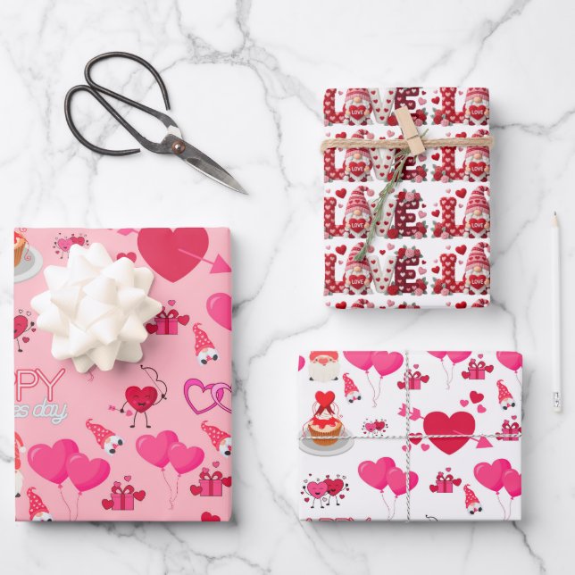 Valentine Gnomes Geschenkpapier Set (Vorderseite)
