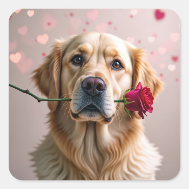 Valentine Golden Retriever mit Rote Rose Quadratischer Aufkleber (Vorderseite)