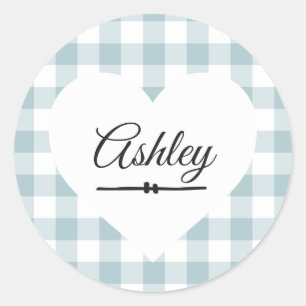 Valentine Heart Blue Gingham Pattern Name Monogram Runder Aufkleber