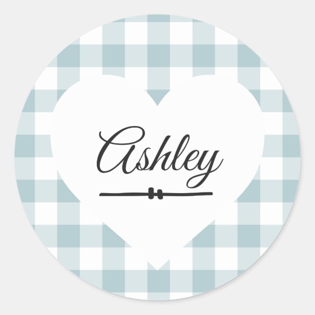 Valentine Heart Blue Gingham Pattern Name Monogram Runder Aufkleber (Vorderseite)