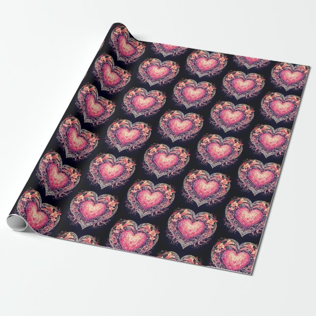 Valentine Heart Pink Liebe Blume Ornamente Geschenkpapier (Ungerollt)