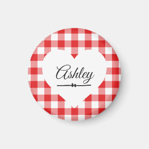 Valentine Heart Red Gingham Name Monogram Magnet